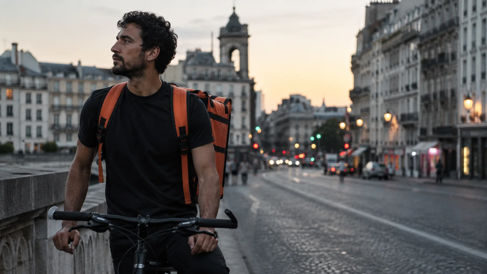A bicycle courier with an orange delivery backpack on a city street at dawn, wearing a plain black t-shirt.